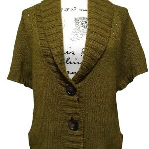 Old Navy Short Sleeve Cardigan Sweater Vest Olive Wool Sz Small Preppy Academia